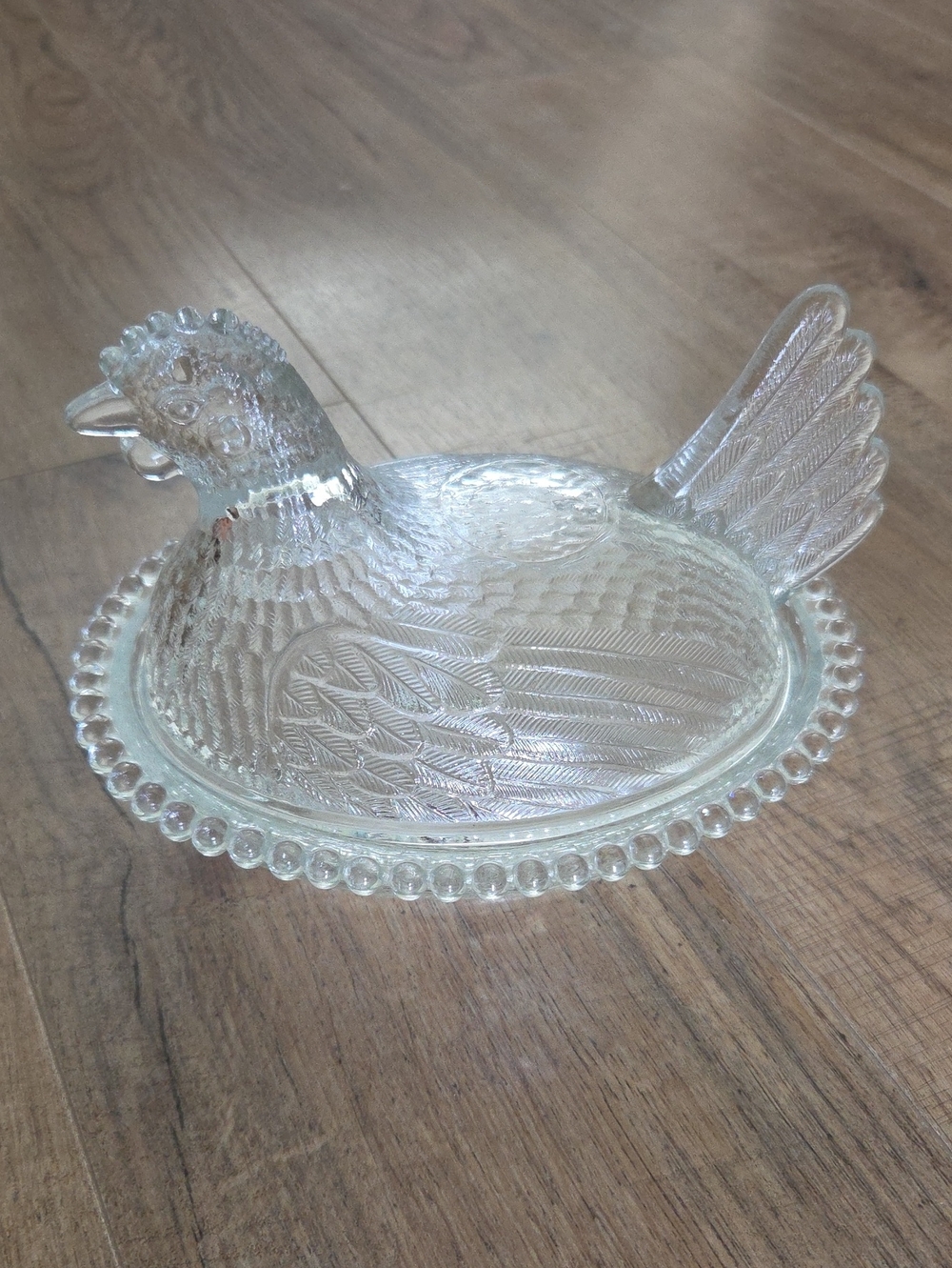 Vintage Indiana Glass Hen on Nest Clear Pressed Glass Candy Dish Beaded Rim 7"